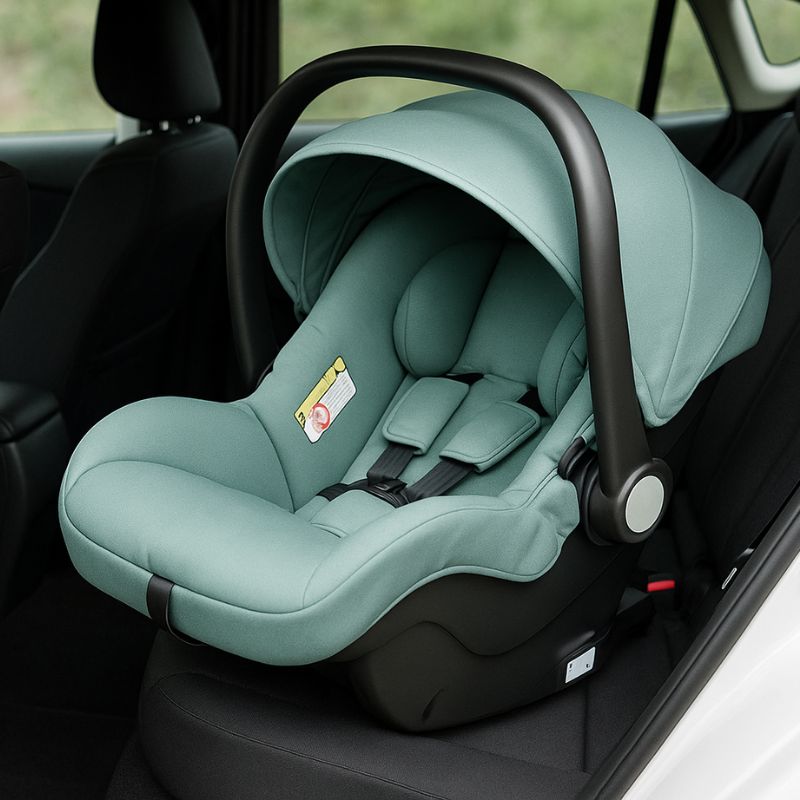 | SécuMax Coque bébé vert menthe installée avec ISOFIX dans une voiture moderne