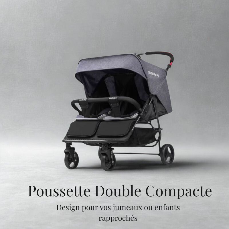Poussette double compacte lilou en vue de présentation, idéale pour jumeaux ou enfants rapprochés